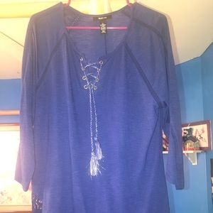 Blue long sleeve shirt with lace trim